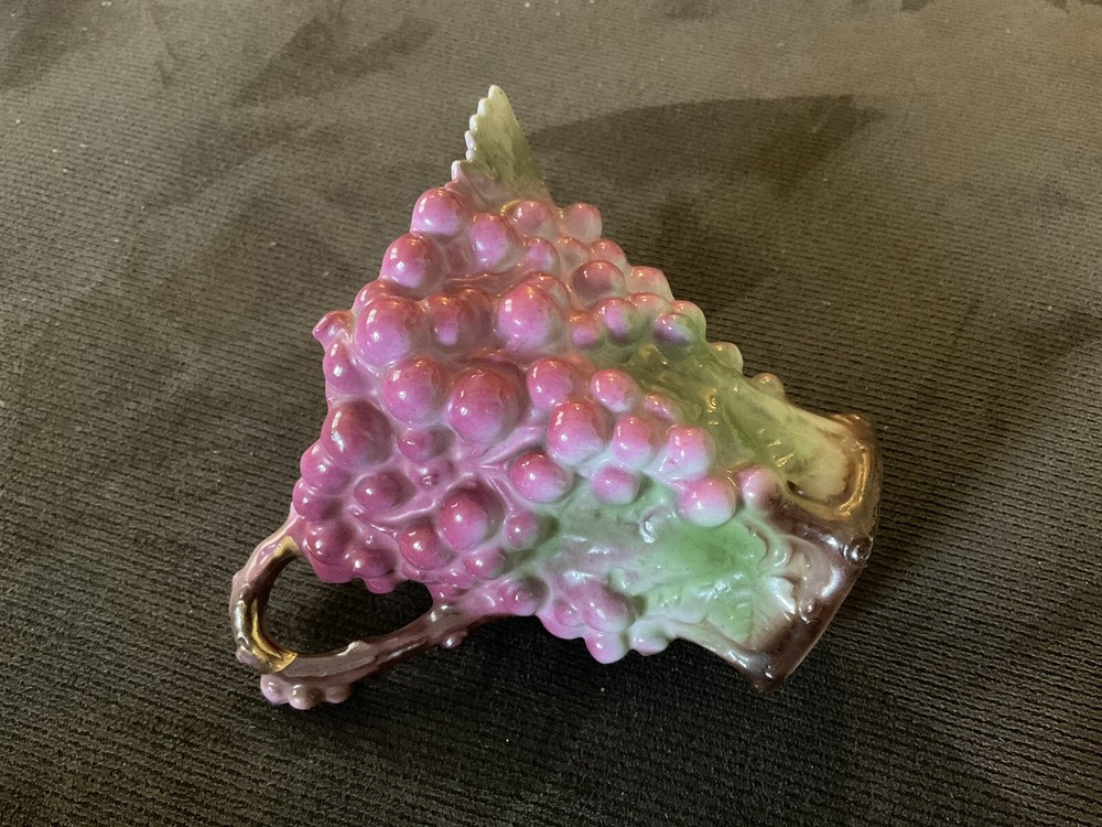 MAJOLICA :: c1902 OPEN SUGAR & CREAMER GRAPEVINE CLUSTERS Branch Handle ENGLAND