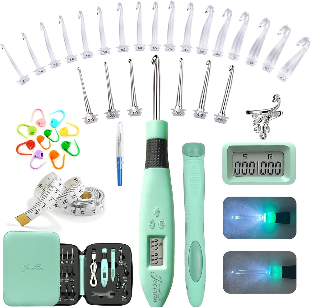 24 Interchangeable Heads Light up Crochet Hook Set with Digital Stitch Counter,E
