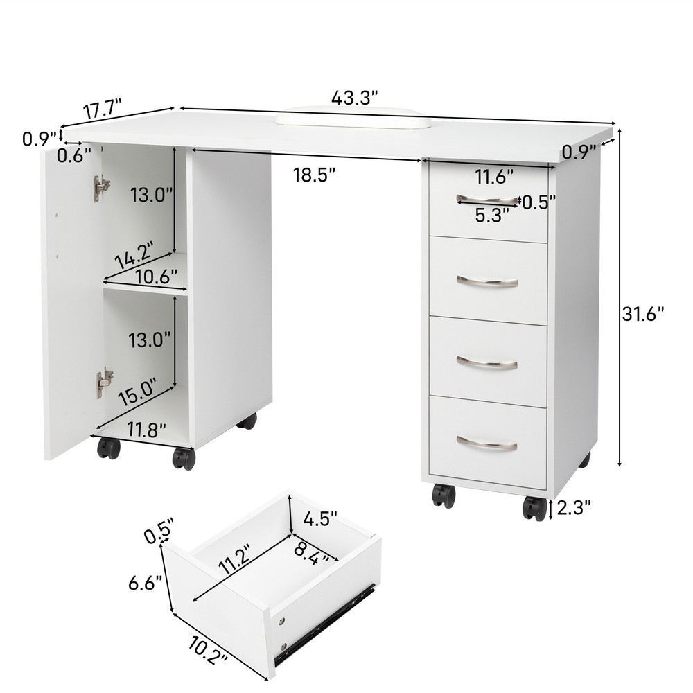 Rolling Computer Desk - White, 4-Drawer, Shelves Storage & MDF ​Nail Table​