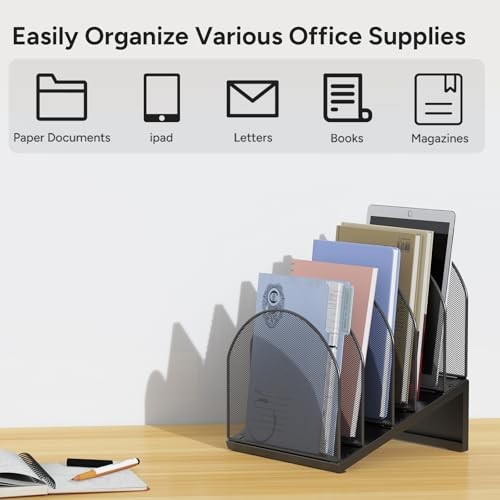 5-Section Desk File Organizer, Metal Mesh Folder Organizer for Documents, Black