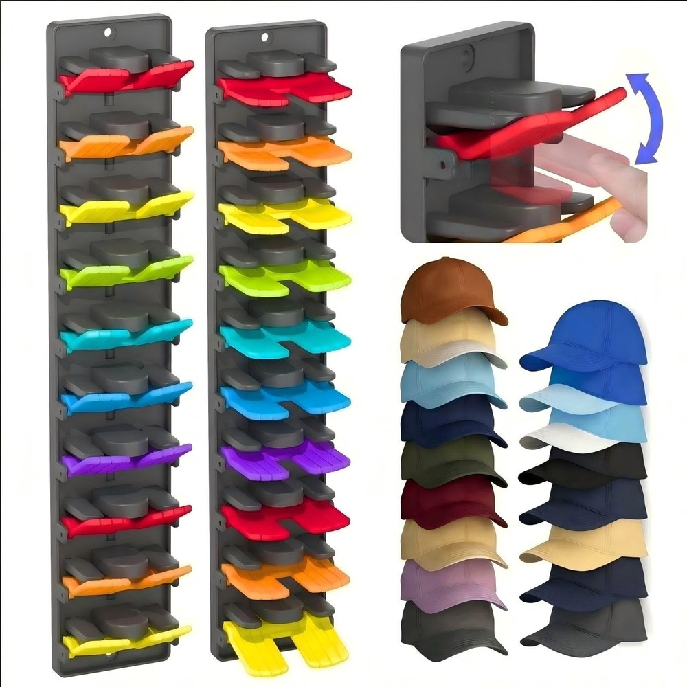 Multicolor Hat Organizer for Baseball Caps, 2-Pack Wall Mounted Hat Rack Hold...