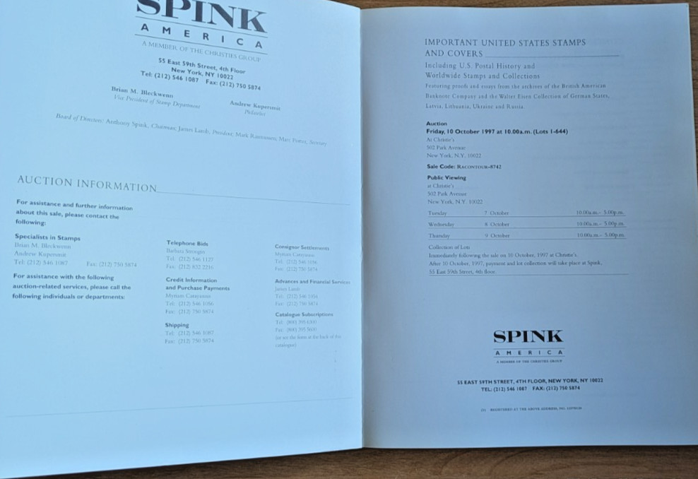 Spink America auction catalog Important US Stamps & Covers 1997 SC
