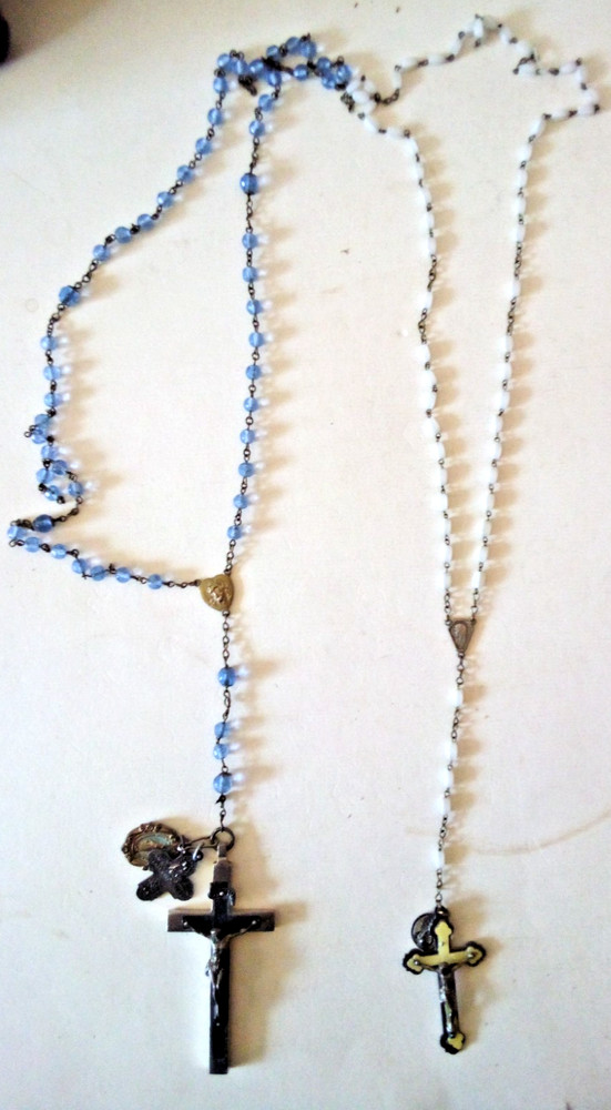 2 VTG CATHOLIC ROSARY GLASS BEADS CRUCIFIX Fo