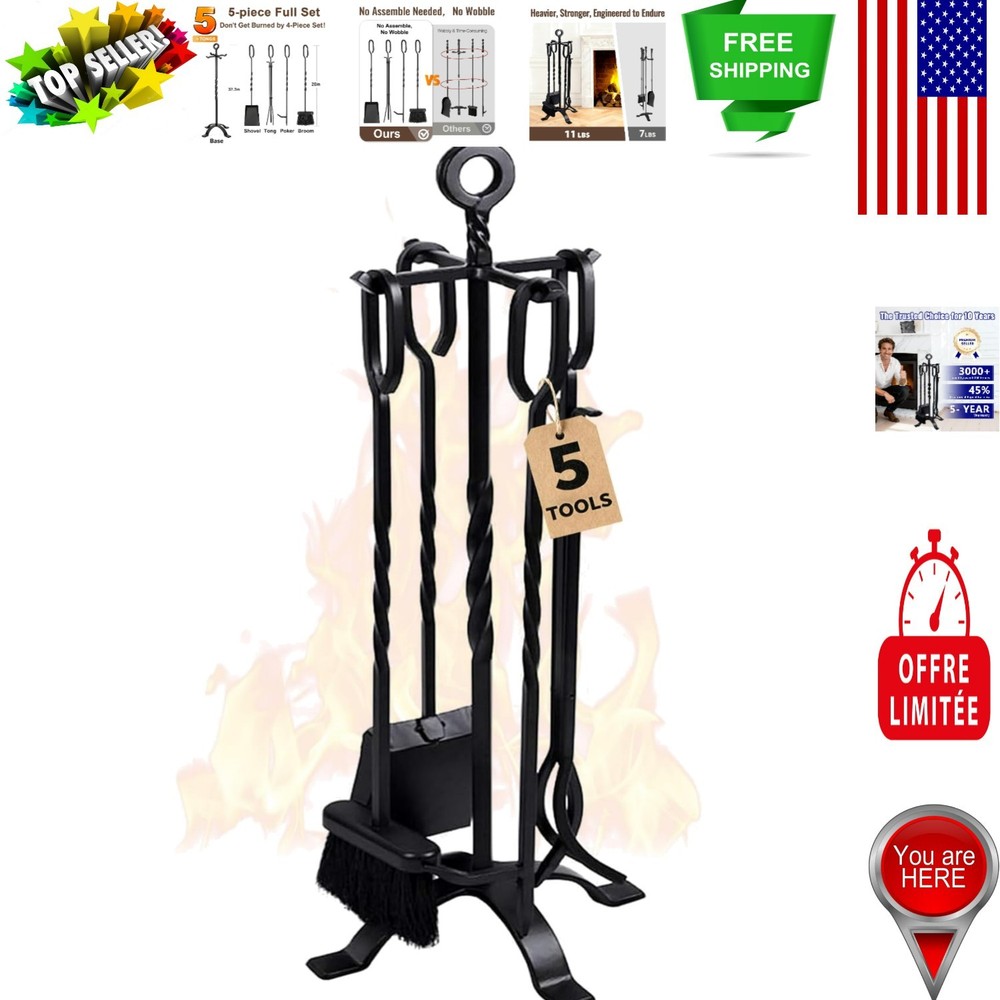 Durable 5-Piece Fireplace Accessory Kit - Wrought Iron Tools for Every Fire Pit