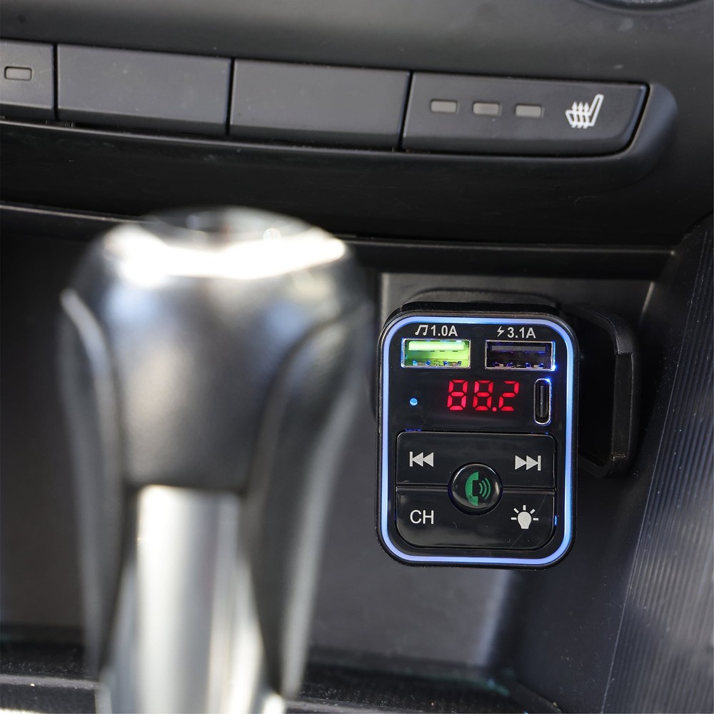 onn. Bluetooth FM Car Charger with LCD Screen, Type C, Wirelessly Stream Calls