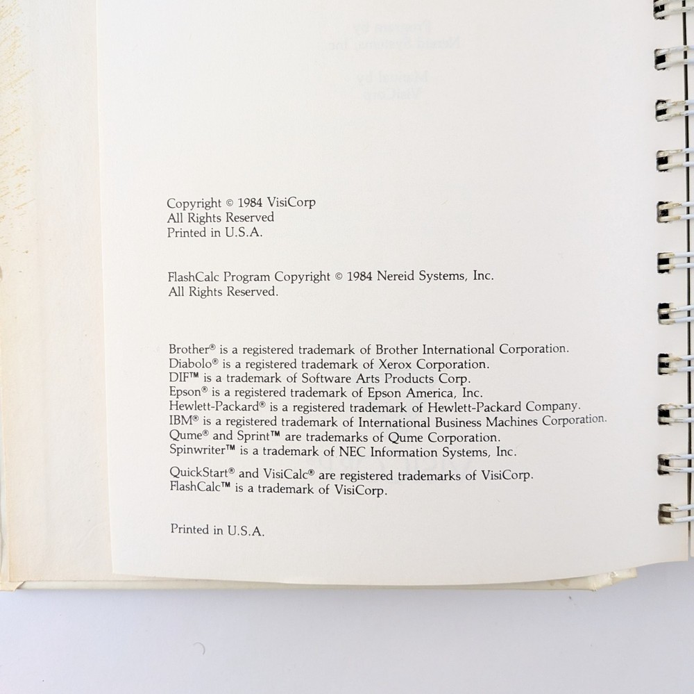 FlashCalc User Manual For IBM (1984) VisiCorp, Vintage Spreadsheet Software