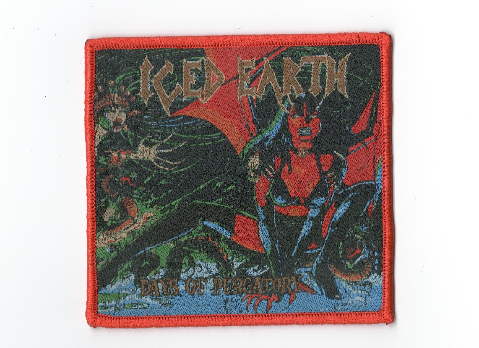 ICED EARTH ,DAYS OF PURGATORY,SEW ON RED BORDER WOVEN PATCH