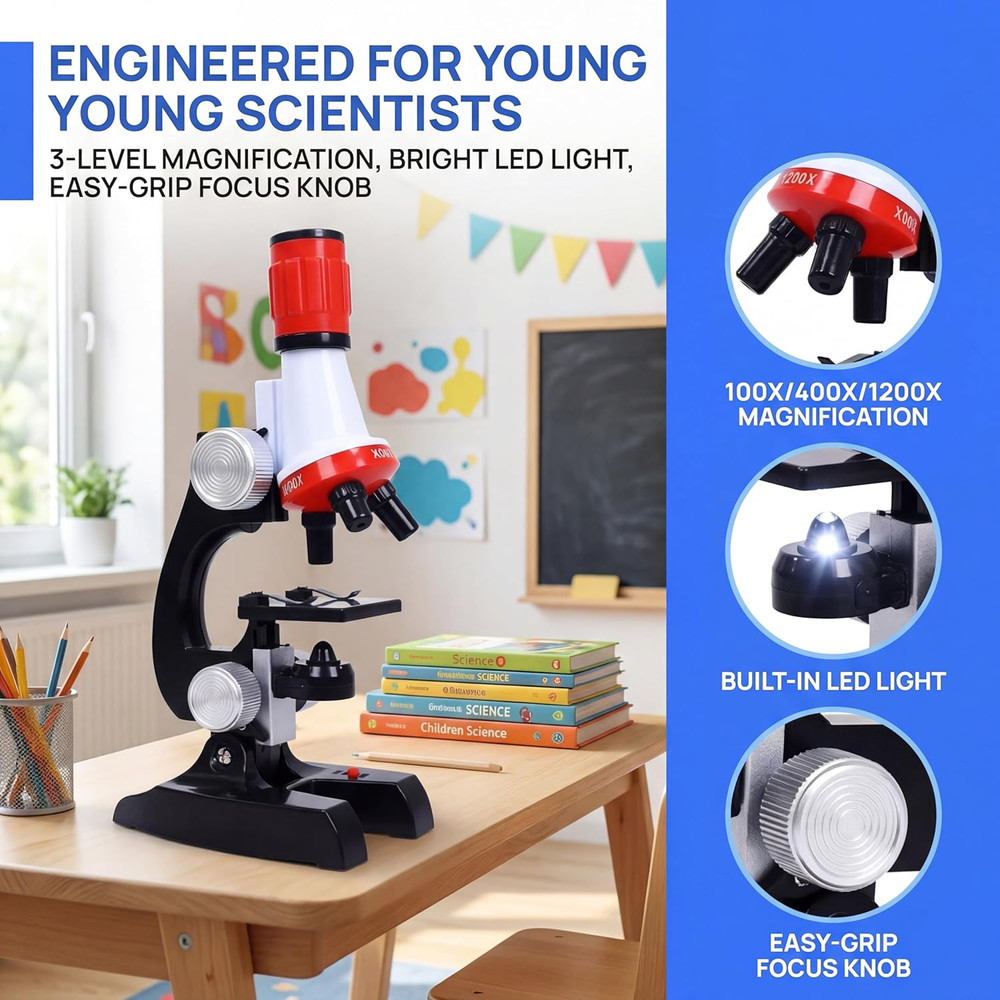 Kids Microscope Kit with LED Light - 100X/400X/1200X Magnification for STEM Lear
