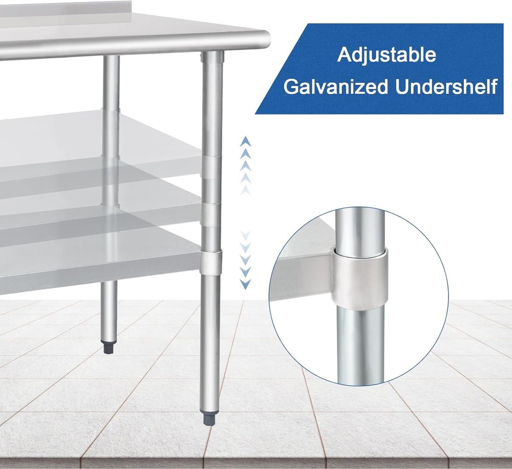 24x60in Stainless Steel Prep Table Undershelf Backsplash
