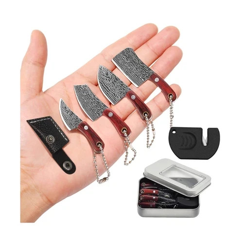 Mini Knife Set, Damascus Pocket Knife with Sharpener, Mini Chef EDC... Fast Ship