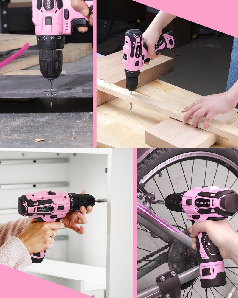 WORKPRO Pink Cordless Drill Driver Set, 12V Electric Screwdriver Driver Tool Kit