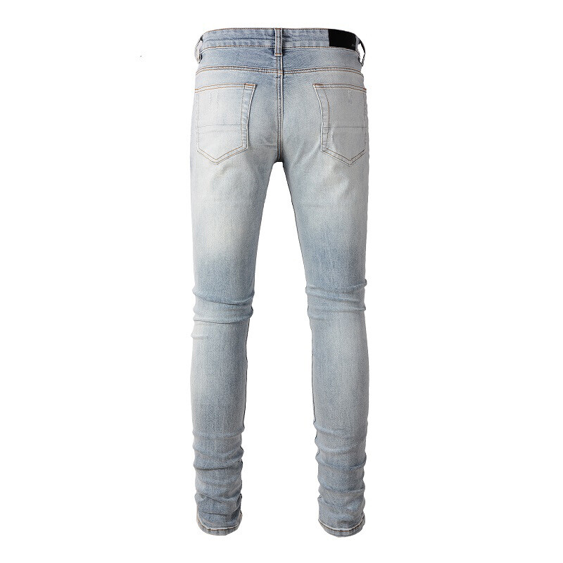 Men's Skinny Fit Stretch Denim Jeans, PU Patches, Distressed Rips & Wash Effect