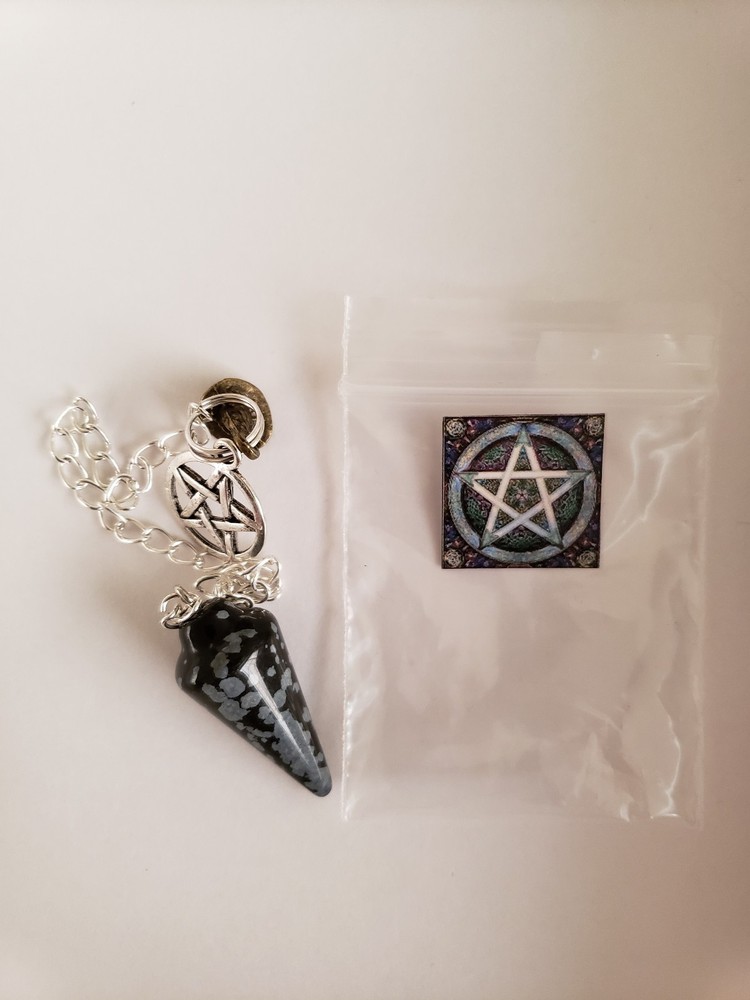 Snowflake Obsidian Pendulum Witch Hat Pentagram Reading Divination BONUS Gift
