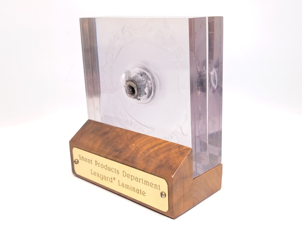 LEXGARD LAMINATE SHEET BULLETPROOF GLASS BALLISTIC TESTING SAMPLE WITH STAND