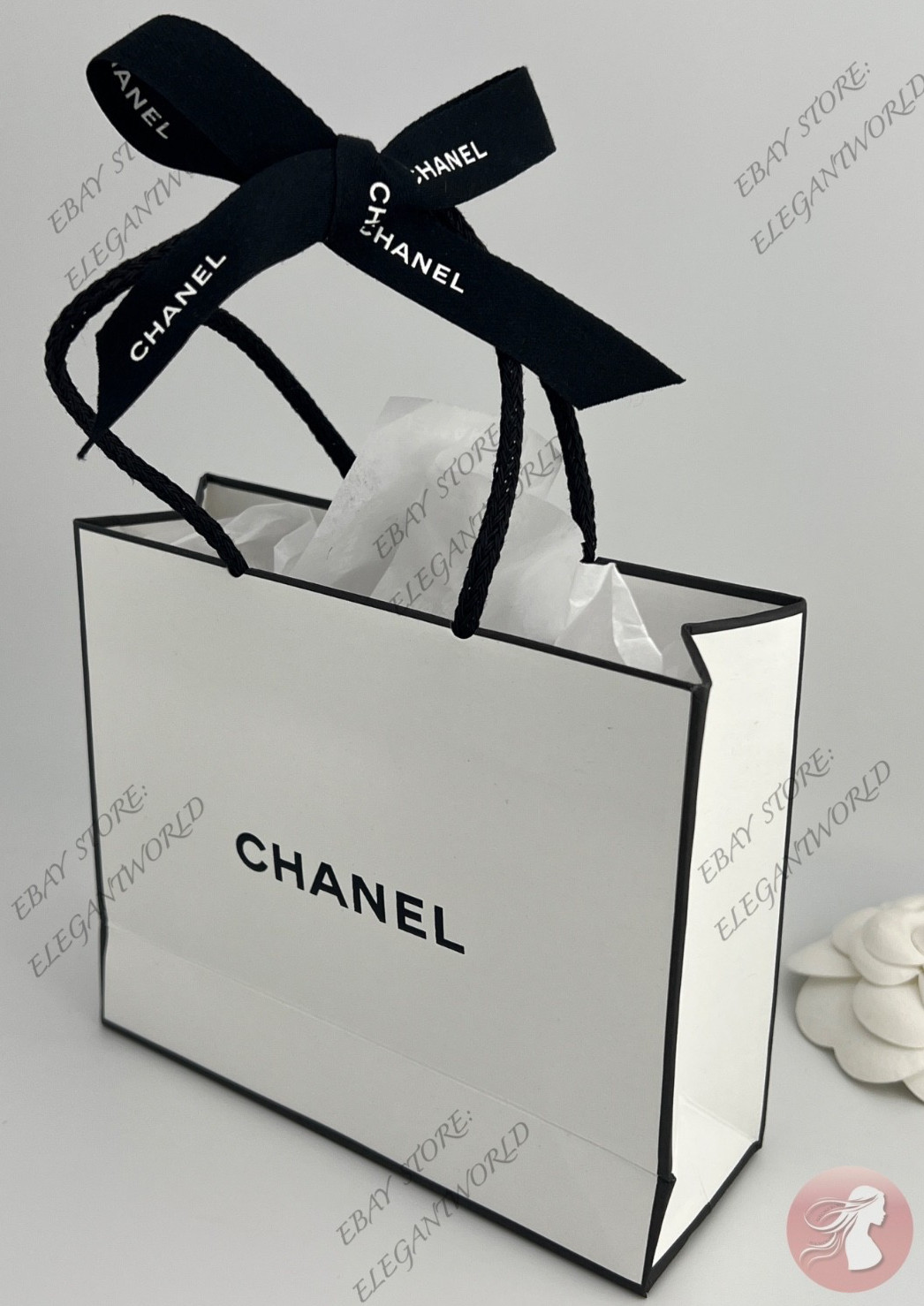 Chanel Small Empty Gift Bag White Paper Classic Black Logo L 5.5 x H 4.5 x D 2"