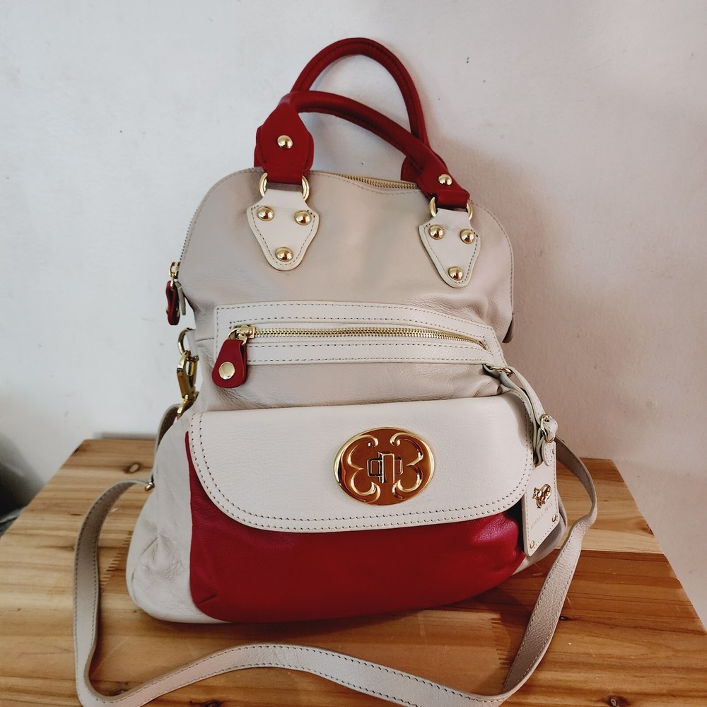 EMMA FOX Beige Red Soft Leather strap Replacements Foldover Handbag Purse
