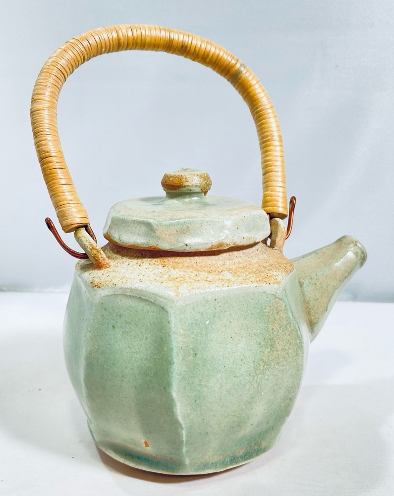 Studio Pottery Celadon Teapot Small Ceramic Rattan Wrapped Handle