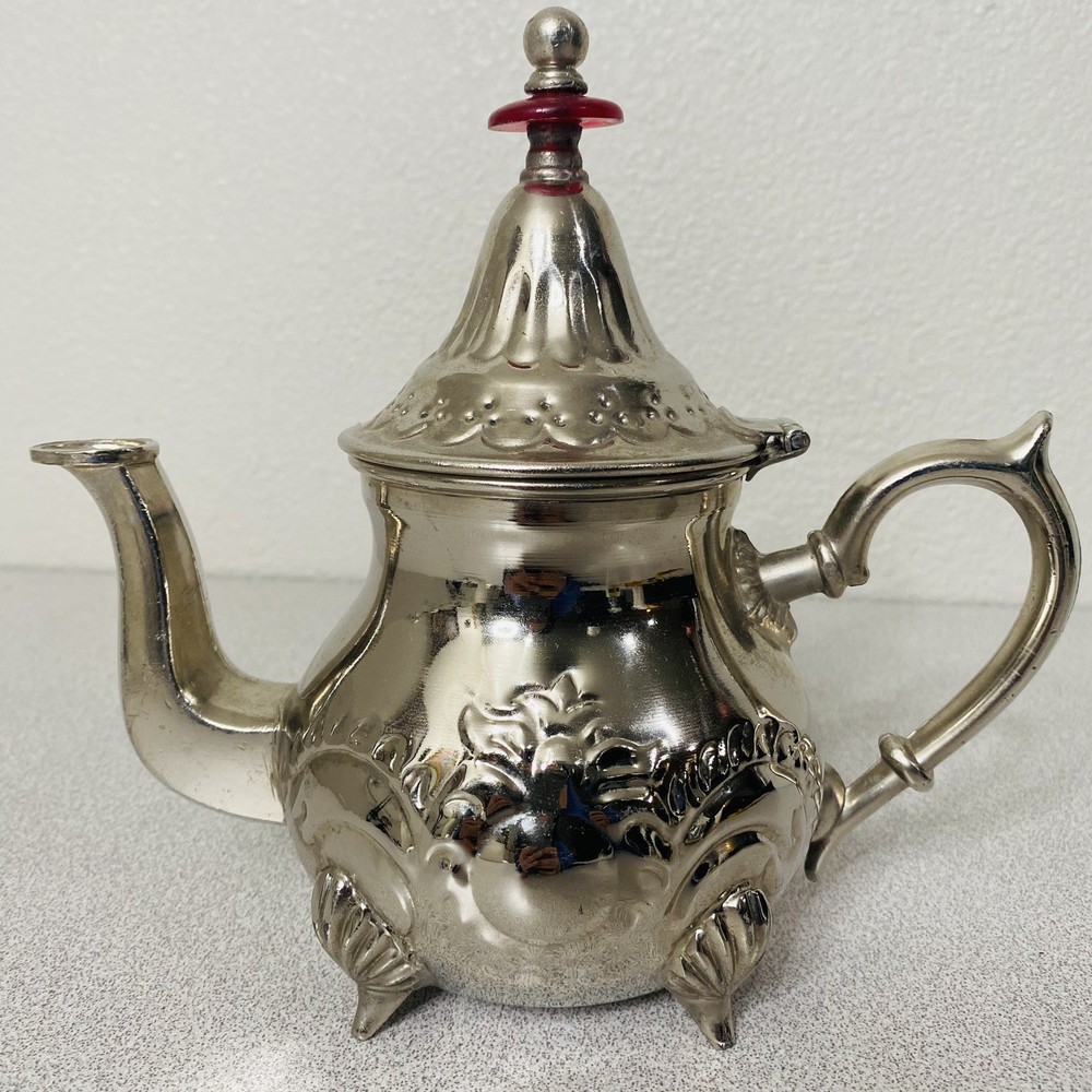 Vtg MAGMA SILVER PLATED TEA POT TURKISH COFFEE POT MADE IN MOROCCO Red Disk