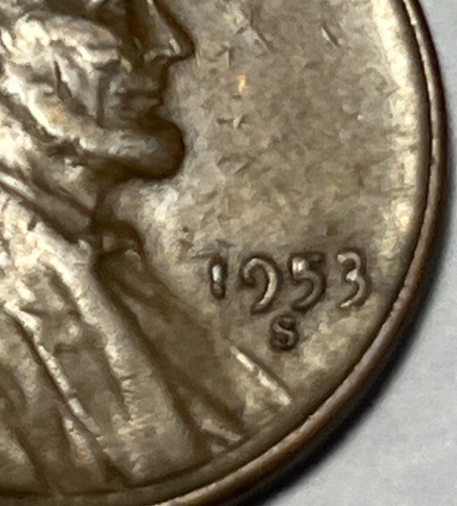 1953 S Lincoln Wheat Cent Date Error Filled "5" Die Chip Mint Error