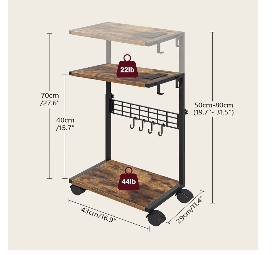 Height Adjustable Computer Tower Stand with USB Charging Port & Locking Wheels -