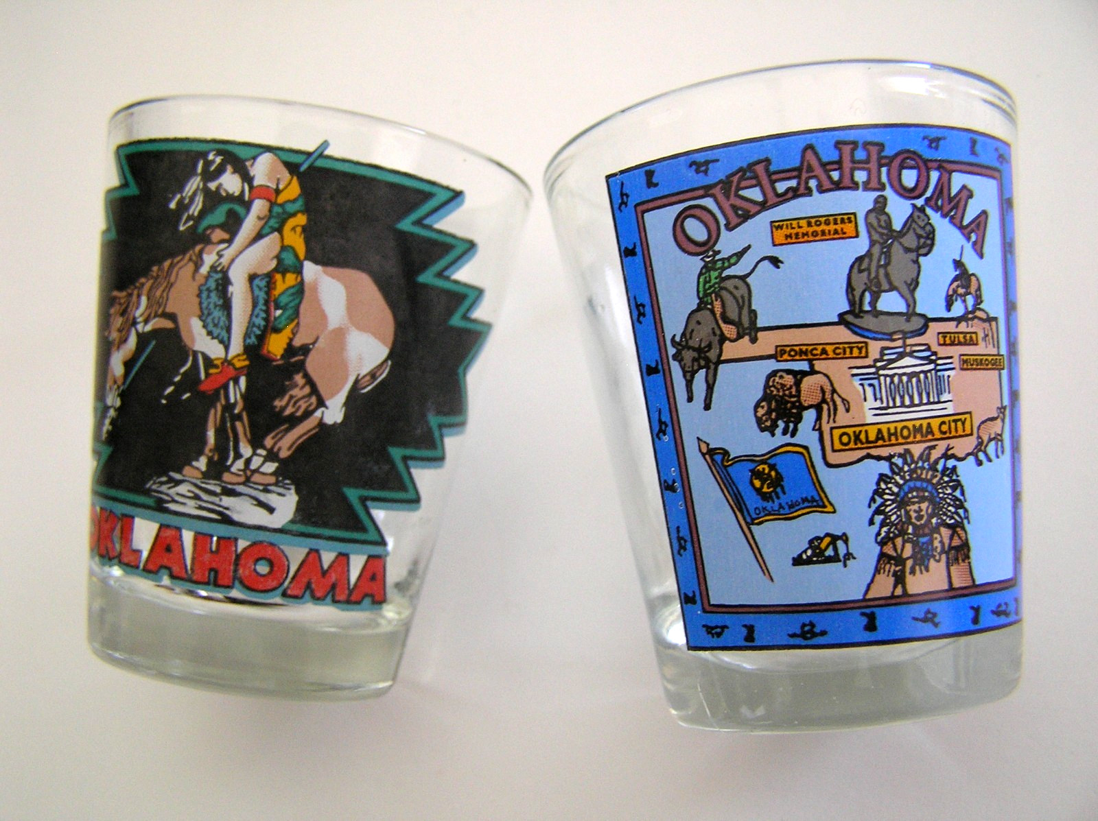 2 Oklahoma Shot Glasses Featuring Design of Horses and Native American Figures