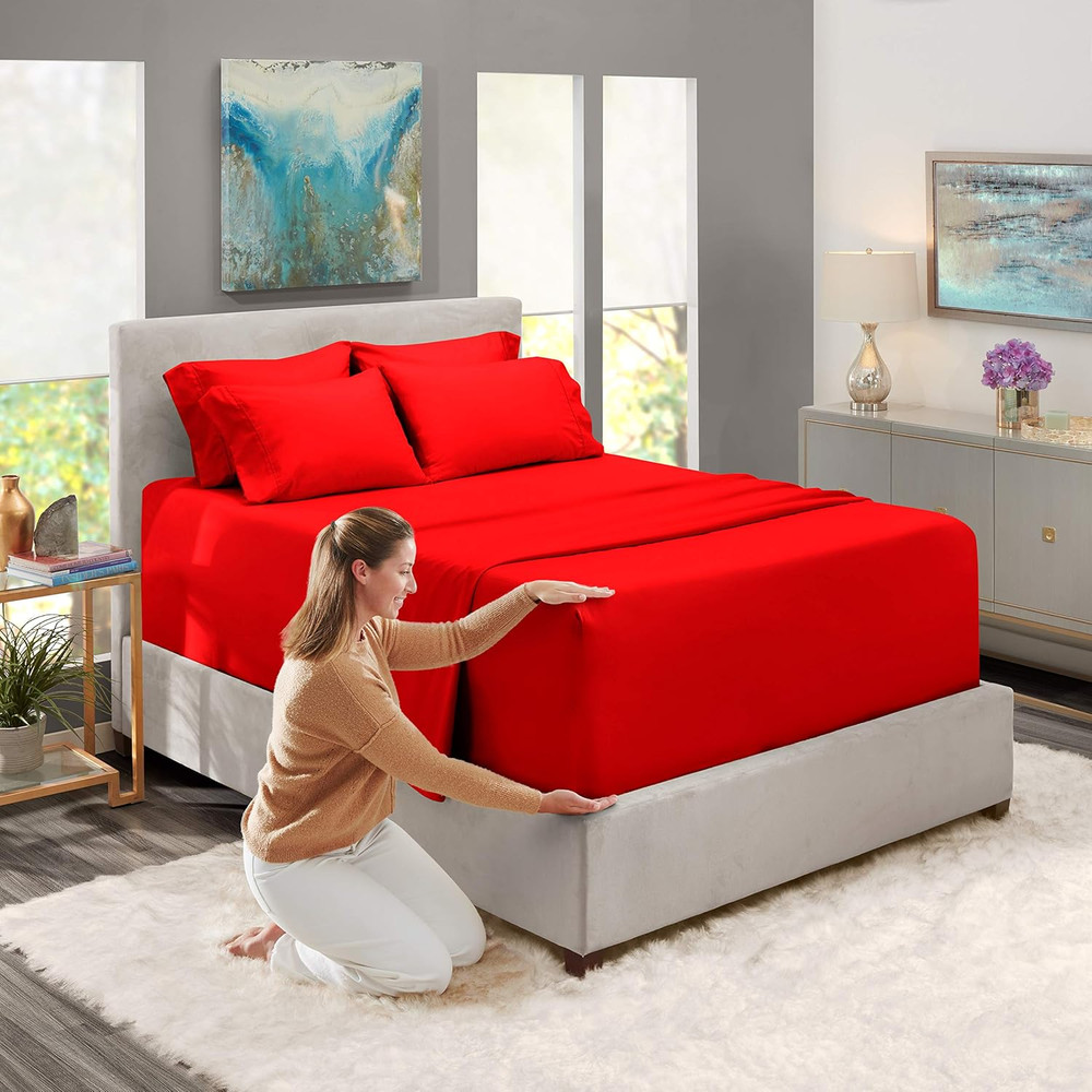 Queen Sheets Sets - 6 Piece, Extra Deep Pocket, Microfiber, Cherry Red