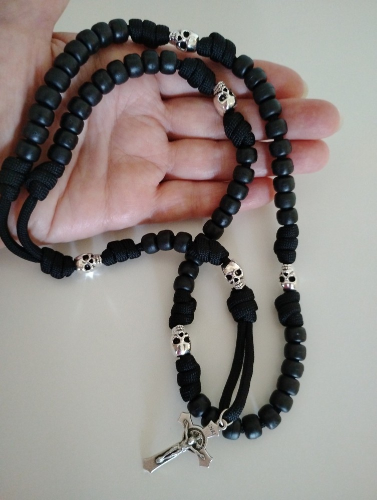 Silver Skull & Black Matte Rosary Beads Paracord St Benedict Medal Crucifix