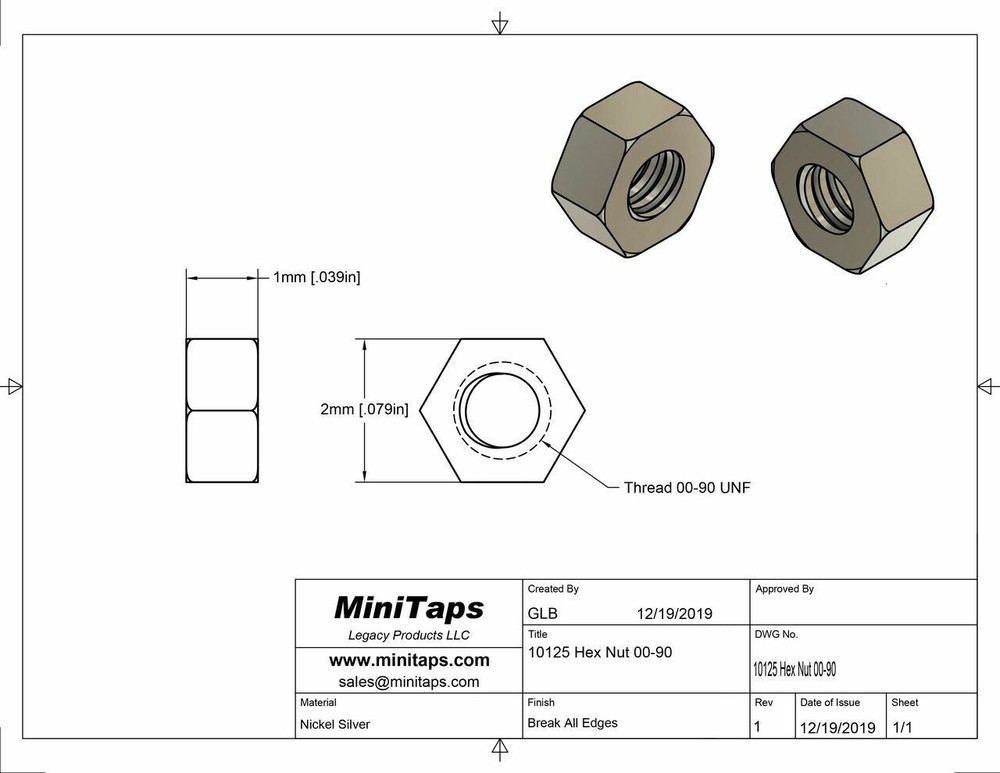 00-90 Hex Nut 2mm ACF Brass 100 Count #10125