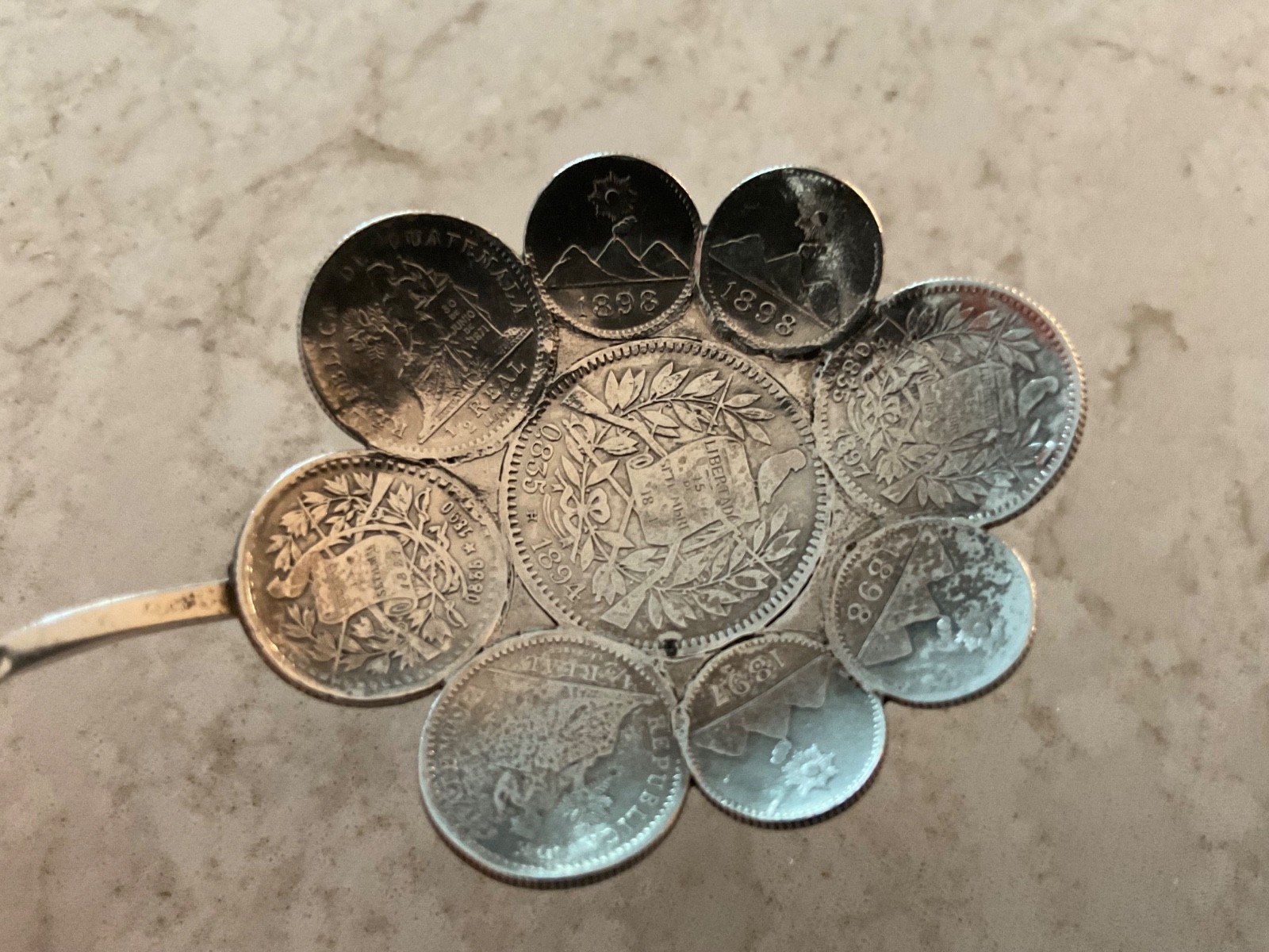 RARE ONE OF A KIND ANTIQUE GUATEMALAN SILVER COINS MADE INTO A SPOON