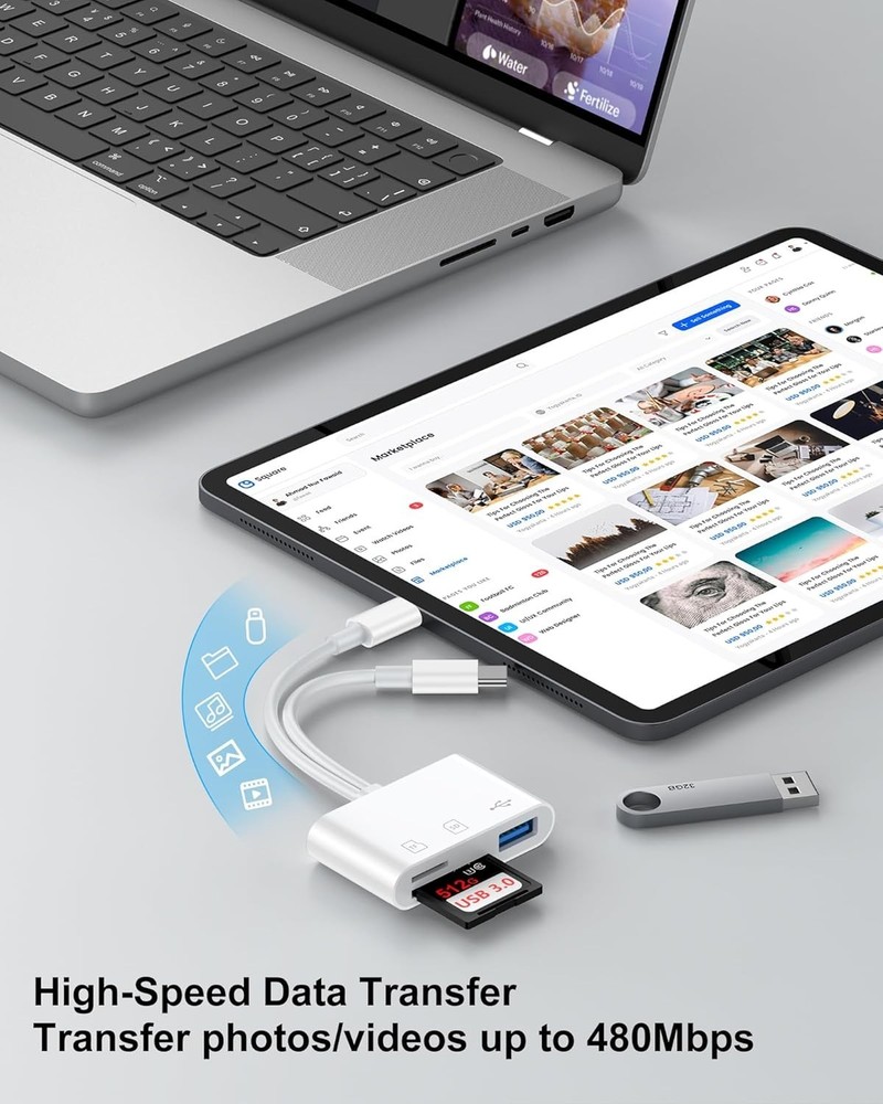 SD Card Reader for iPhone, iPad, Samsung, Memory SD Card Reader USB C&Lightni...