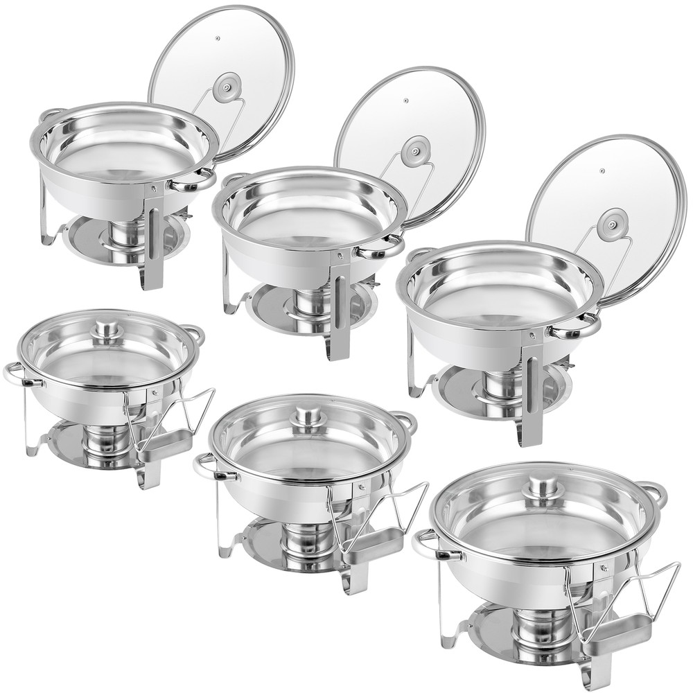 5 Quart 6Pack Full Size Chafing Dish Buffet Set Round Catering Warmer Set Silver