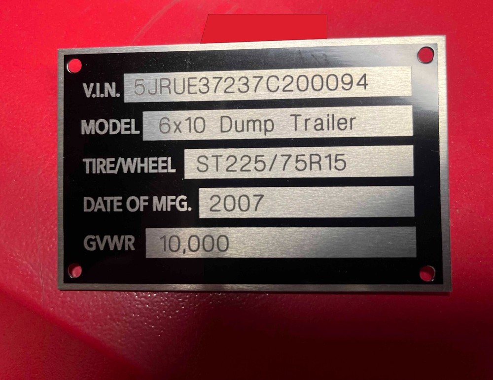ENGRAVED 5 LINE TRAILER ID DATA PLATE NUMBER DATA TAG NAMEPLATE