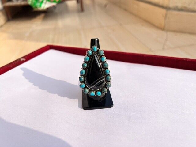 Turquoise with Agate Ring 925 Silver Ring Handmade Statement Multi Stones Ring