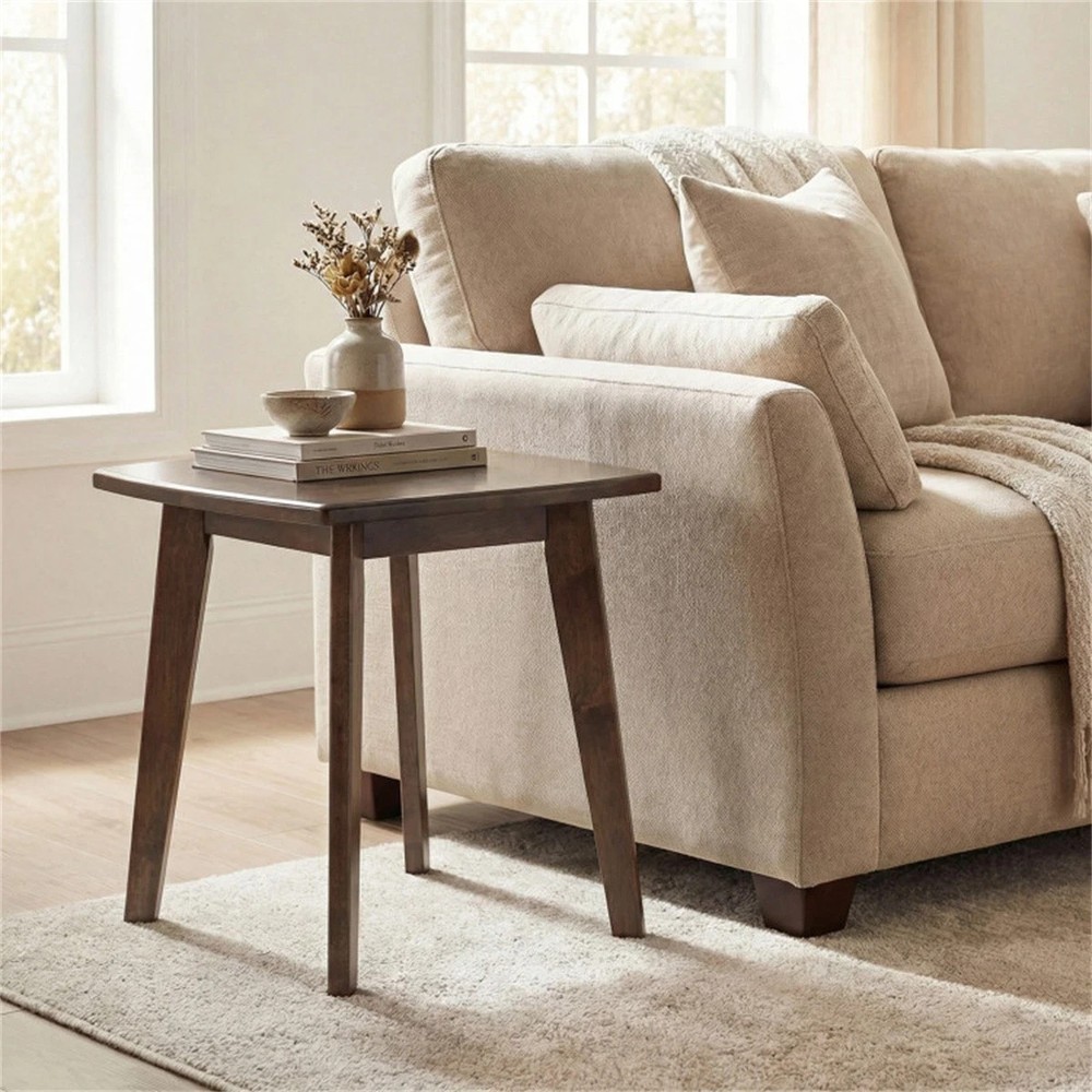 17" Square Side Table Solid Rubber Wood, Walnut Finish End Table for Living Room