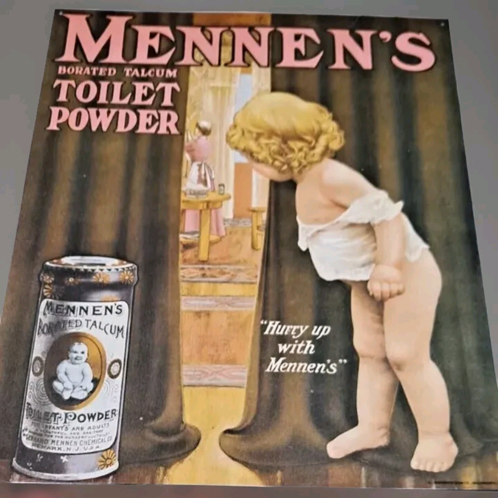 VINTAGE Mennen's Borated Talcum Toilet Powder Tin Baby ADVERTISING Tin SIGN