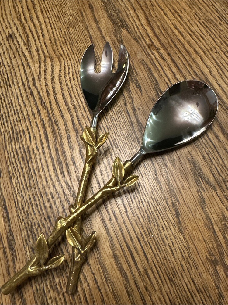 🍁Godinger Goldleaf Vine Salad Server Spoon & Fork Flatware Set of 2 12”