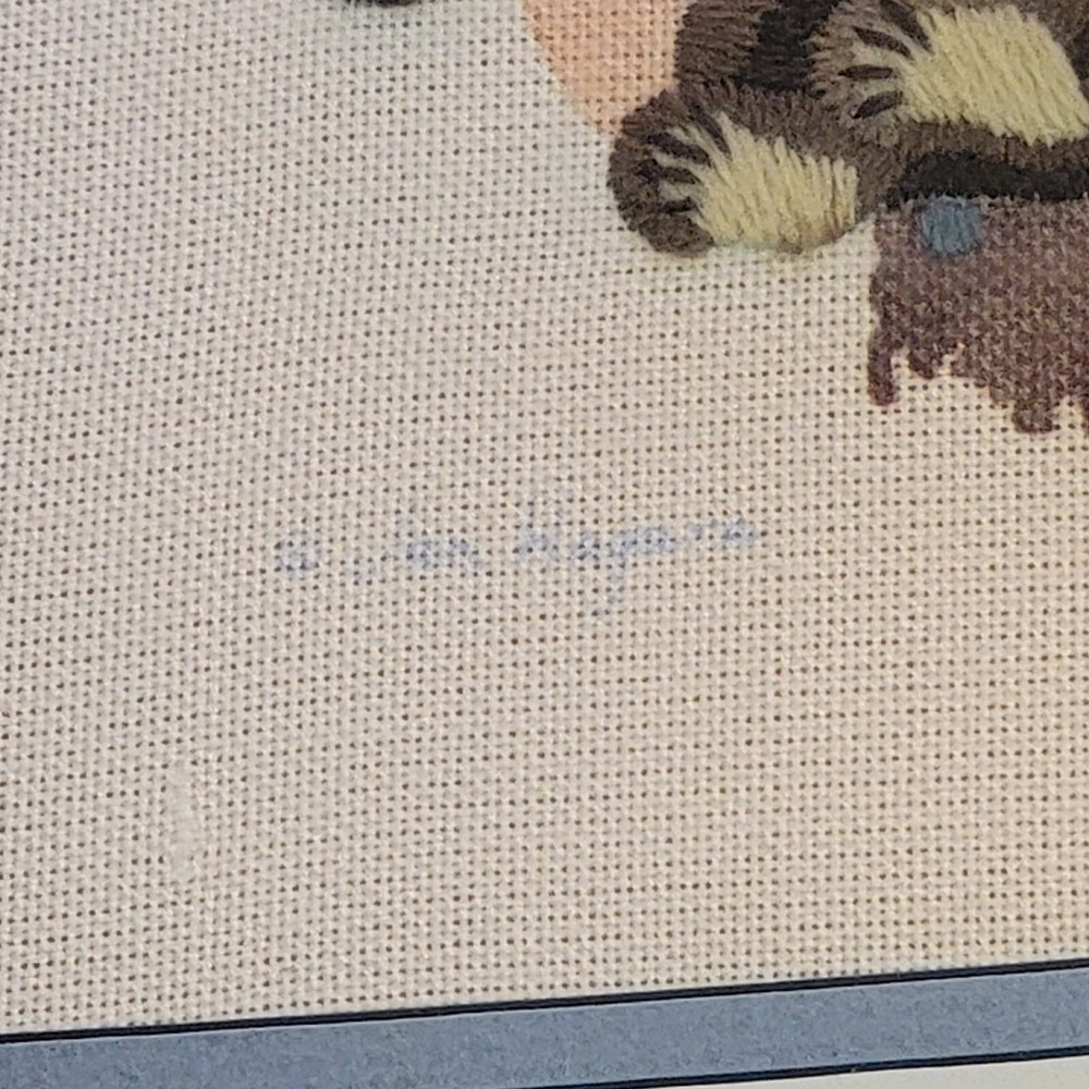 VTG Jan Hagara Boy Brian & Teddy Bear Completed Needlepoint Signed Art Framed