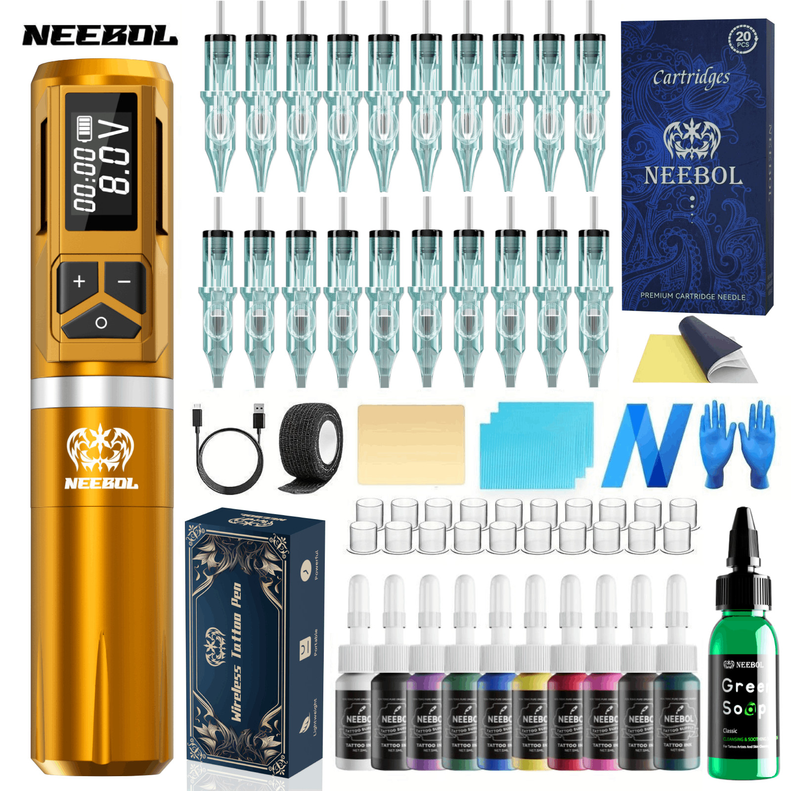 Wireless Tattoo Gun Kit Complete Rotary Pen Machine With Power Supply Ink Needle