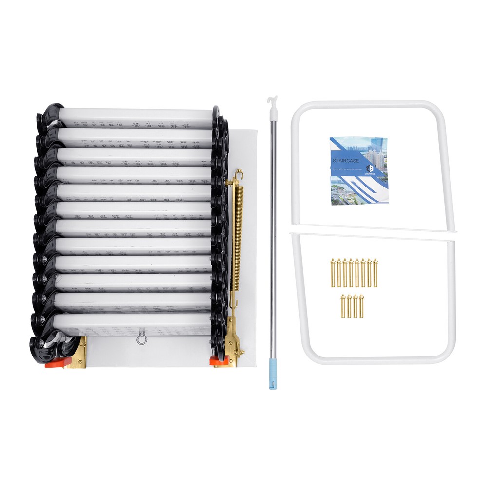 12 Steps Attic Ladder Folding Loft Ladder Wall Mount 10ft Pull Down Attic Stairs