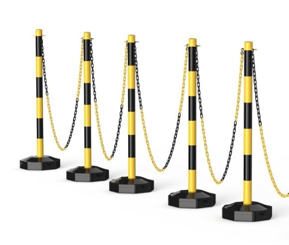5 Pack Traffic Delineator Post Cones with Fillable Base with 5Ft Plastic Chain