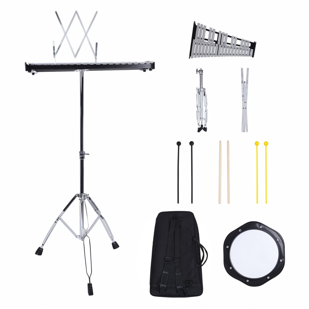 32 Notes Glockenspiel Xylophone Bell Kit with Mallets, Stand & Practice Pad