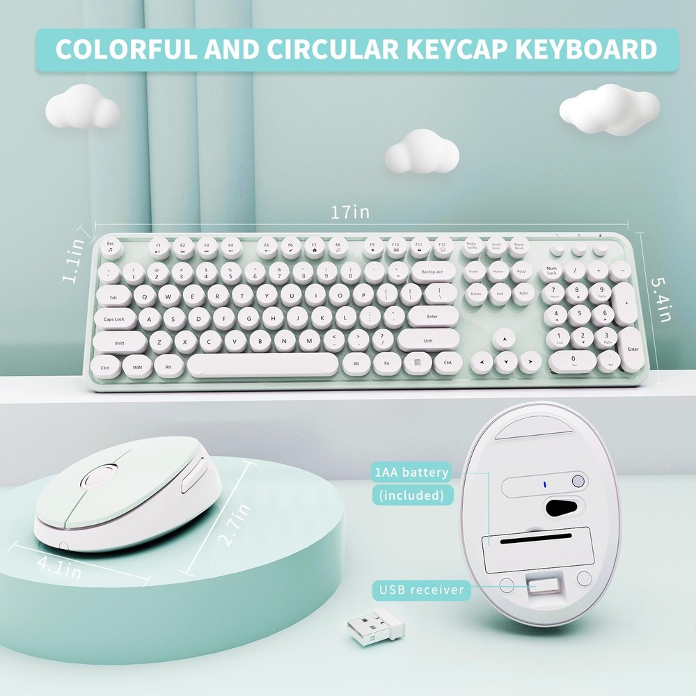 Wireless Keyboard and Mouse Combo Ergonomic Full Size Typewriter Retro Round ...