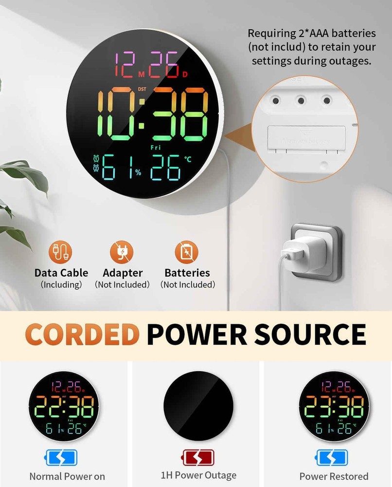 10 Inch Large Digital Wall Clock with 13 Color Changing Remote Control, Date ...