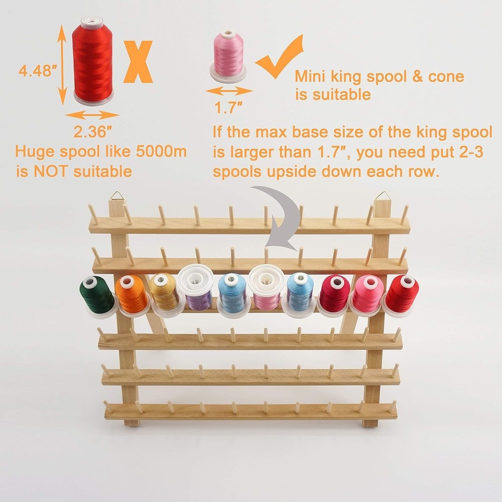 2x60 Spools Thread Holder - Stylish Wooden Organizer with Hanging Hooks