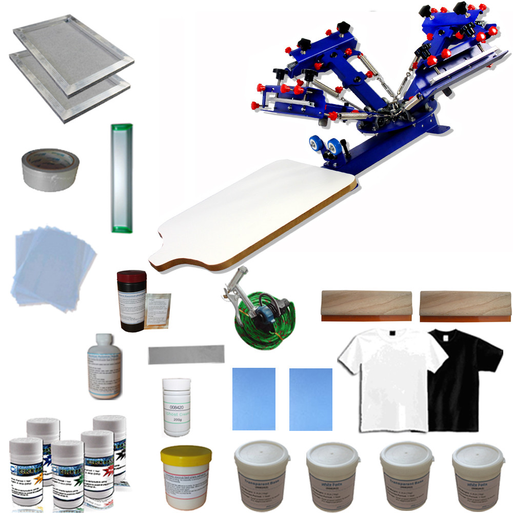 4 Color Screen Printing Kit Table Press Printer with Consumables Pigment & Frame