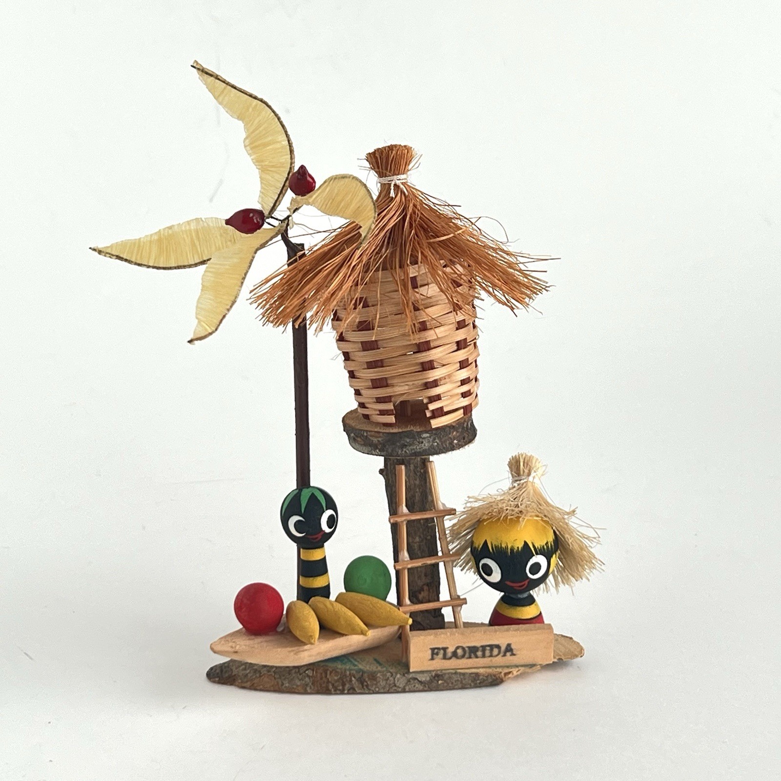 Vintage Black Americana Wood Tiki Hut & Palm Tree Fruit Florida Souvenir Kitsch