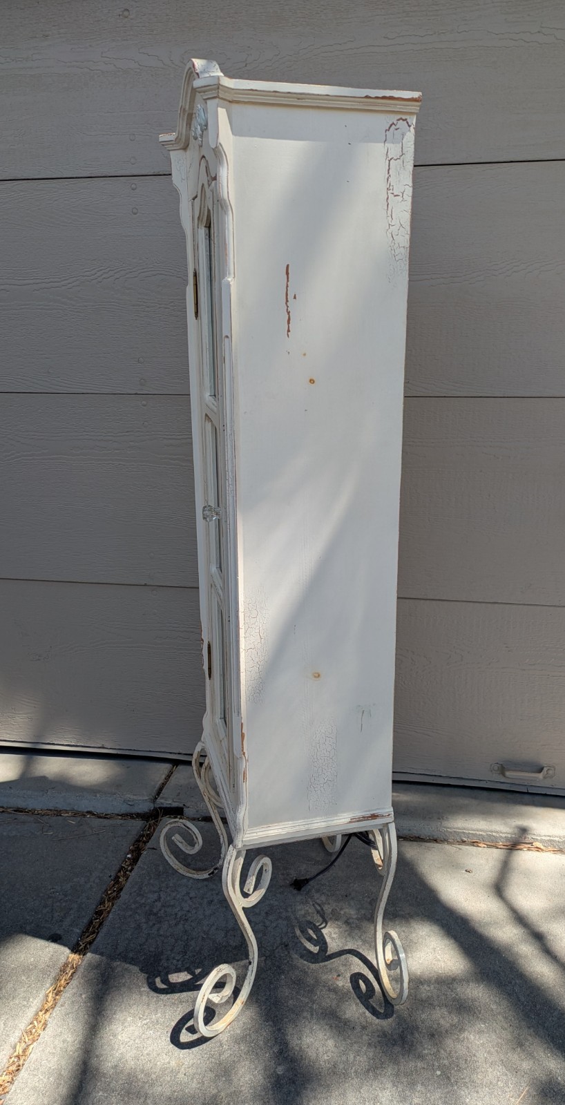 Vintage Shabby Chic French Country Cottage White Curio Display Cabinet Iron Legs