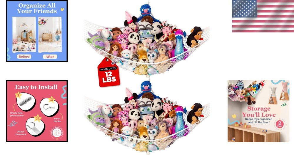 Space-Saving Stuffed Animal Hammock - Corner Storage Solution, 67" x 47", 2 Pack