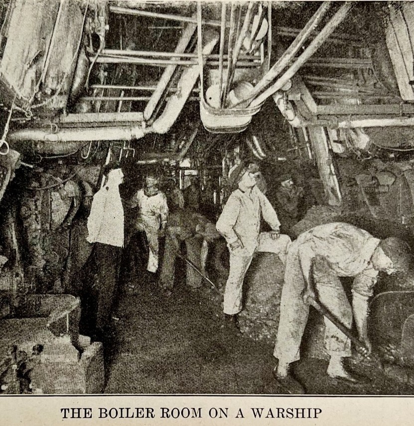 1914 WW1 Print Boiler Room On A Warship Antique Military Period Collectible