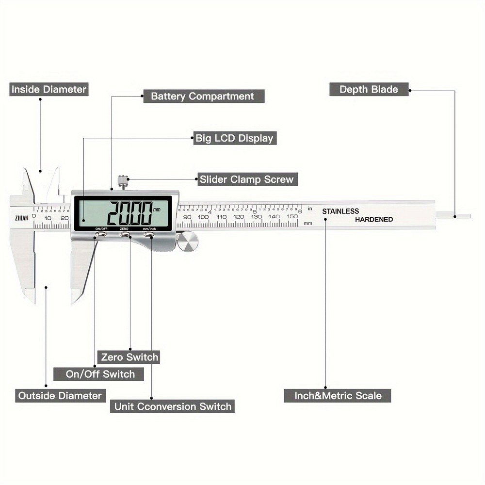 19A05 Electronic Digital Caliper, Precision Measuring Tool with Zero-Set